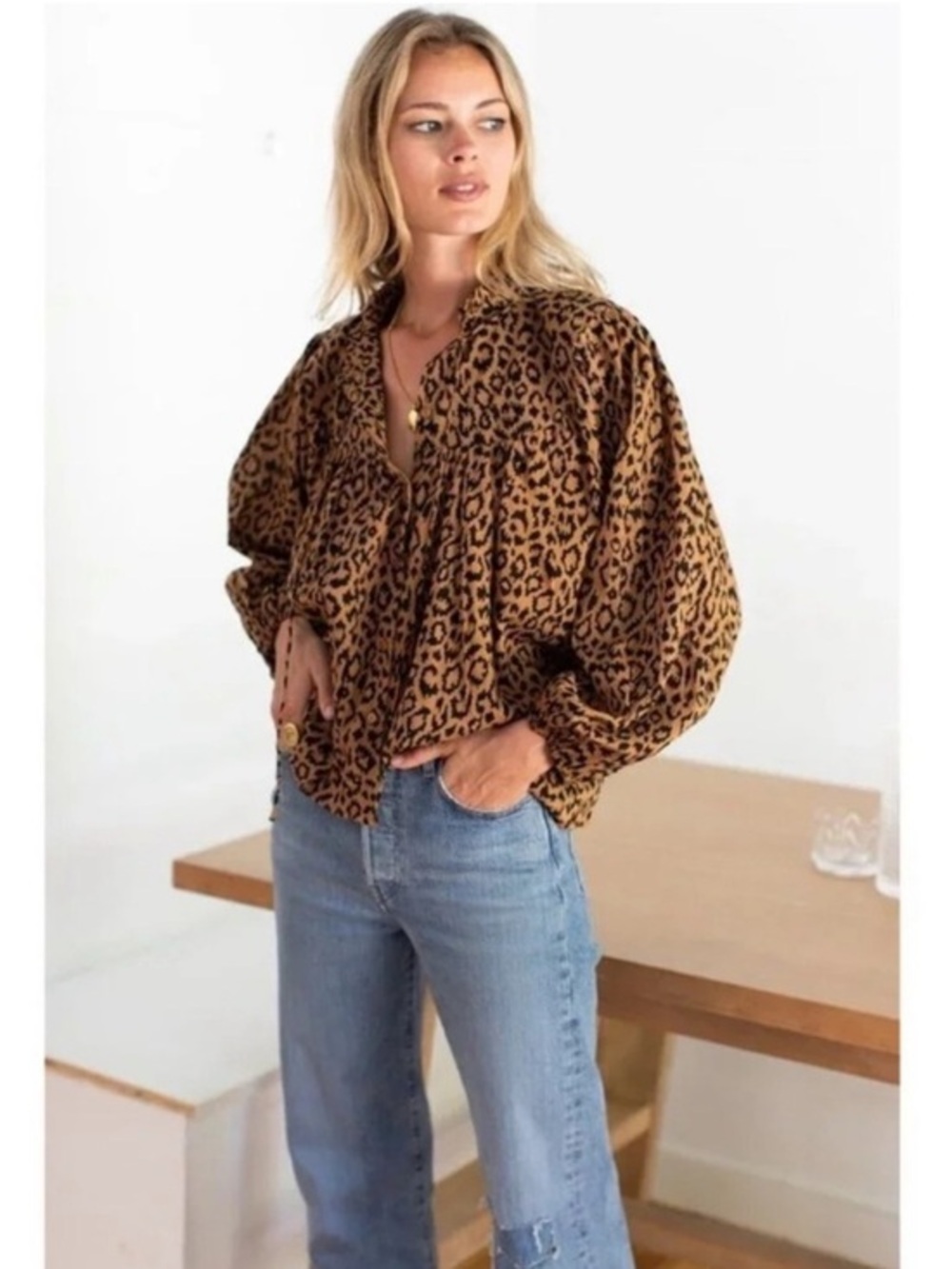 Emerson Fry India Collection Blouse Emmaline Button Down Cotton Leopard Animal